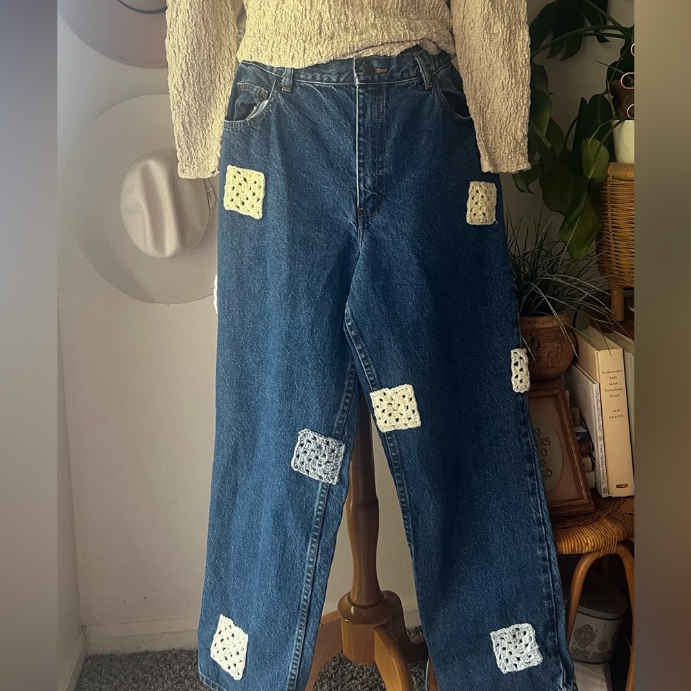 Vintage OPEN TRAIL dark wash taper leg jeans granny‎ squares Women’s SIZE 31